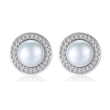 Simple 925 Sterling Silver Round Shape Freshwater Pearl Stud Earrings